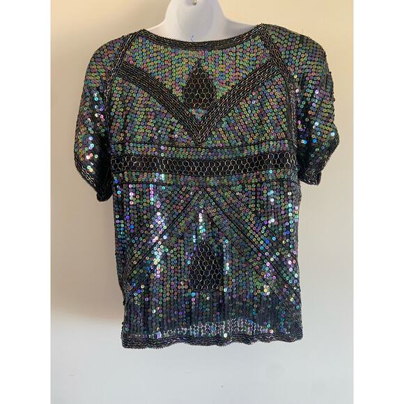 Vintage Silk SequinTop Black Iridescent Short Sleeve Blouse Party Art Deco NYE - Picture 2 of 6